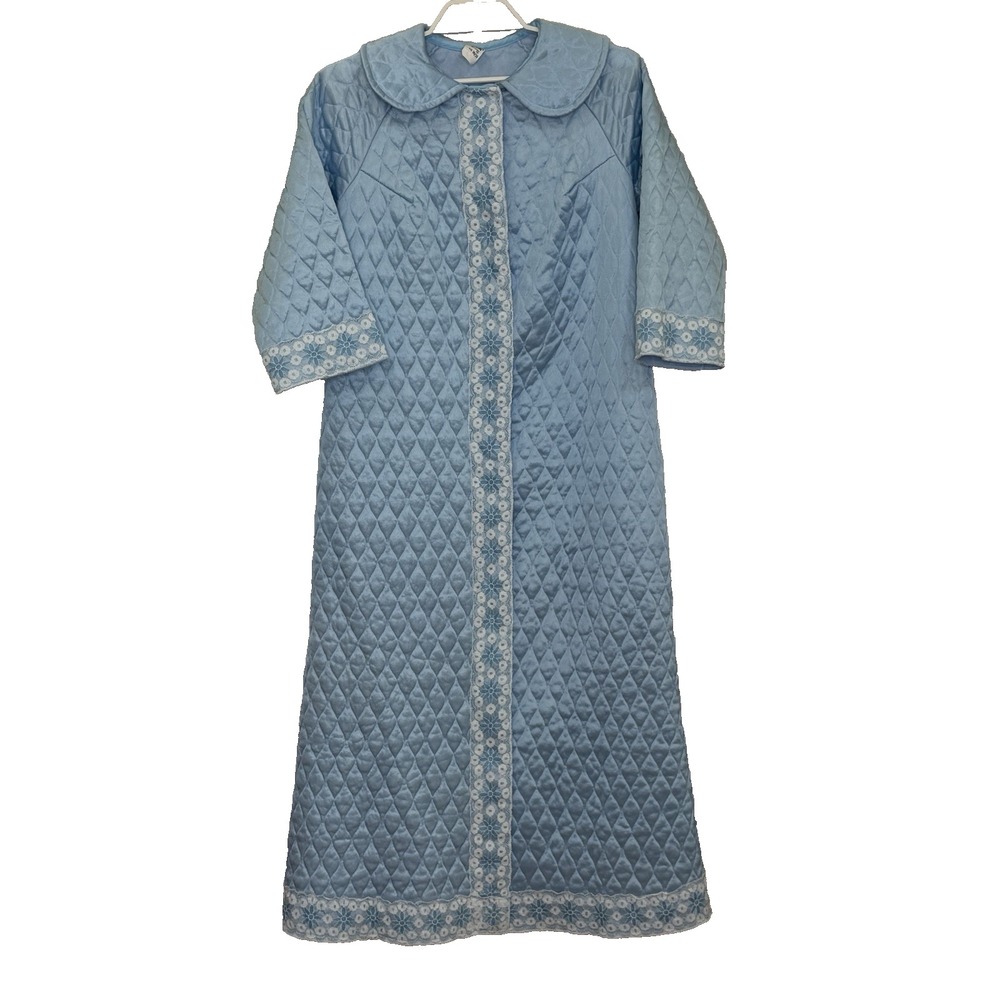 Vintage Satin Quilted Long Robe Womens 14/16 Blue Lace Trim Snap Front USA Union